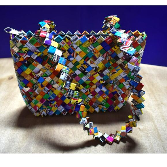 Handmade Upcycled Candy Wrapper Woven Handbag – Colorful Eco-Friendly Purse - Picture 1 of 3